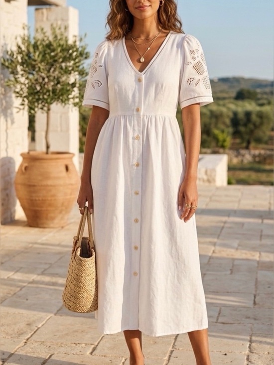 Madewell Dresses & Skirts - Madewell White Button-Front Eyelet-Sleeve Midi Dress